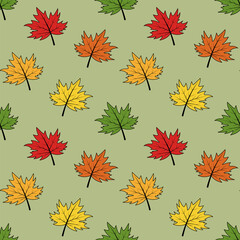 Autumn leaves seamless pattern. Vector illustration. Multicolored leaves on a green background.
