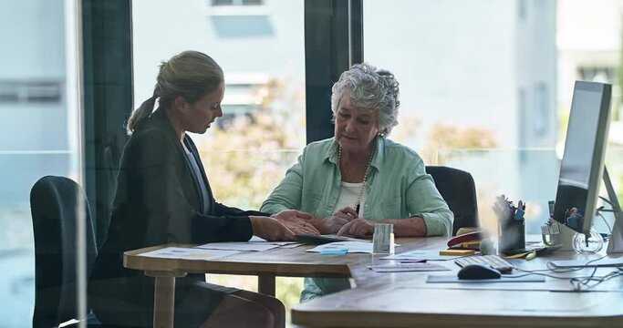 Insurance, senior and woman sign a contract for retirement or planning financial service with a consultant in an agency. Finance, agreement and businesswoman in discussion with a elderly client