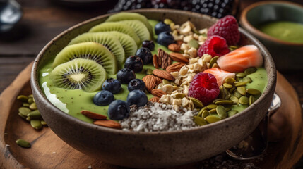Fototapeta na wymiar A close-up of a green smoothie bowl topped with sliced fruits, nuts, and seeds