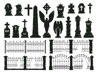 Halloween gravestone silhouettes. Tombstones, spooky cemetery crosses and horror halloween decorations flat cartoon vector illustration set. Churchyard gravestone collection