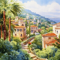 Fototapeta na wymiar Mediterranean landscape image in watercolor. Landscape with mountains and ocean. Beautifully built houses facing the sea or low land.
