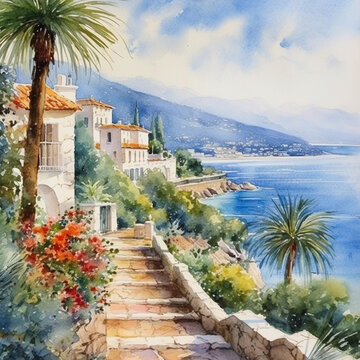 Mediterranean landscape image in watercolor. Landscape with mountains and ocean. Beautifully built houses facing the sea or low land.