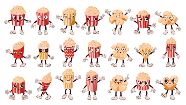 Cartoon popcorn characters. Popping corn funny mascots with emotions, eyes and mouths flat vector illustration set. Cute popcorn emojis with hands and legs