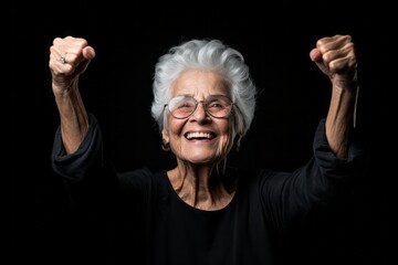 Headshot portrait photography of a beautiful old woman extending arms to one side in a gesture of freedom against a matte black background. With generative AI technology