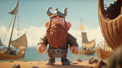 A viking warrior, standing proudly at the sandy beach, with his mighty battle ship. 3D animation character style for illustration. Generative AI - obrazy, fototapety, plakaty