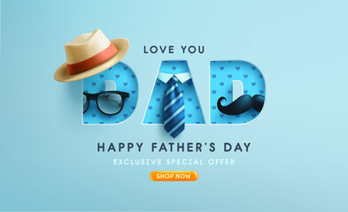 Father's Day poster or banner template with Hat,Glasses and cute moustache on blue background. Greetings and presents for Father's Day in flat lay styling. Promotion and shopping template for love dad