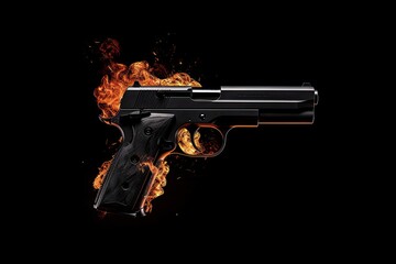 black gun on fire concept - obrazy, fototapety, plakaty