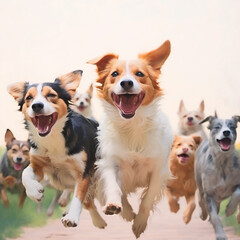 Lots of dogs run merrily towards the camera. Dogs run fast and smile. Corgis are white and brown. Dog ears. Muzzle of a dog. The dog is man's best friend.