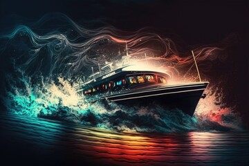 A boat at sea during a night storm