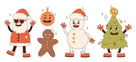 Merry Christmas retro collection 40s cartoon mascot characters. Snowman, Christmas tree, Santa Claus, holiday elements. 50s, 60s old animation style. Vintage vector. Cheerful, happy emotions.