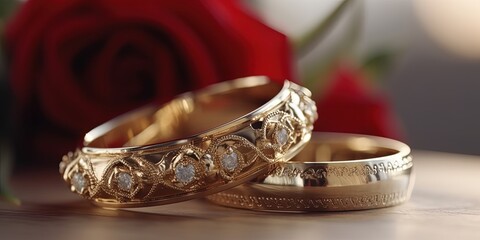 Closeup Gold Wedding rings with beautiful diamond 
