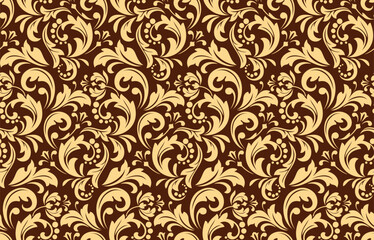 Flower pattern. Seamless gold and brown ornament. Graphic vector background. Ornament for fabric, wallpaper, packaging