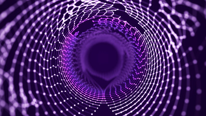 3d wireframe tunnel. Abstract background of lines and dots. Tunnel through space. Optical illusion. 3D rendering.