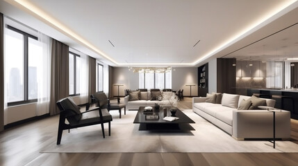 luxury, beautiful,  modern apartment interior, wide range. Generative Ai