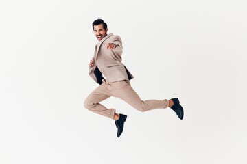 man winner suit happy professional smiling beige business businessman running victory