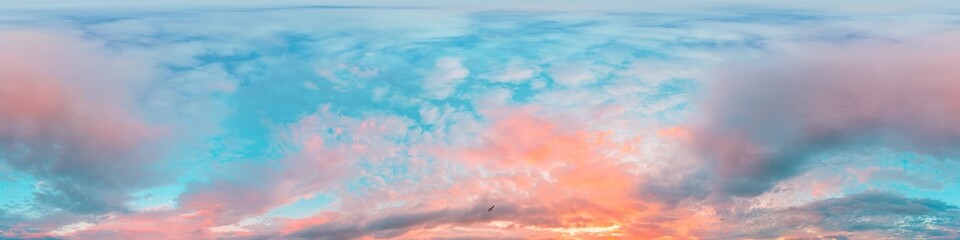 Sunset sky panorama with bright glowing pink Cirrus clouds. HDR 360 seamless spherical panorama. Full zenith or sky dome in 3D, sky replacement for aerial drone panoramas. Climate and weather change.