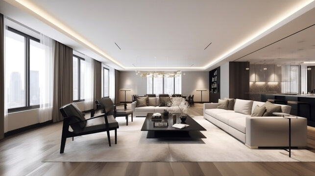 Luxury, Beautiful,  Modern Apartment Interior, Wide Range. Generative Ai