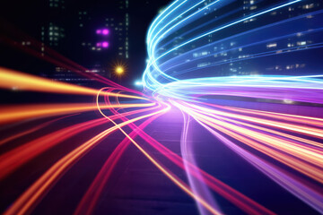 abstract long exposure dynamic speed light trails in an urban environment. Generative ai