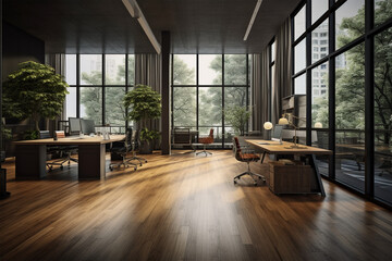 Fototapeta premium an office with wood desks and glass walls, in the style of high detailed, grey academia, wood, photo-realistic landscapes, vintage minimalism, light silver and light brown