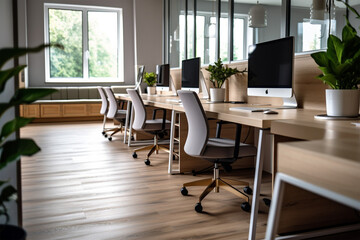 an office with wood desks and glass walls, in the style of high detailed, grey academia, wood, photo-realistic landscapes, vintage minimalism, light silver and light brown