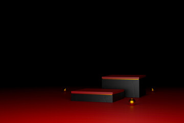 red podium minimal on stage with sweet red platform. stage to show cosmetic and beverage product. stage summer on pedestal modern 3d studio red platform