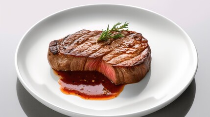 Half cut medium rare inside pink outside perfectly seared stake on a white plate