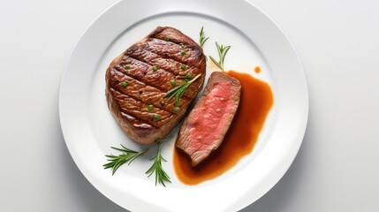 Beautiful Medium Rare Steak on the White Plate