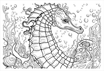 Deep sea horse coloring page. cartoon seahorse portrait linear illustration for coloring book. © Анна Таранкова