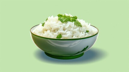 Bowl of white rice with green background