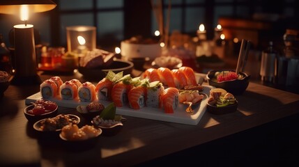 mixed sushi plates on the kitchen or restaurant tables for advertisement promotion