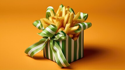 Well decorated Box of French Fries with Green background for promotion or advertisement purpose