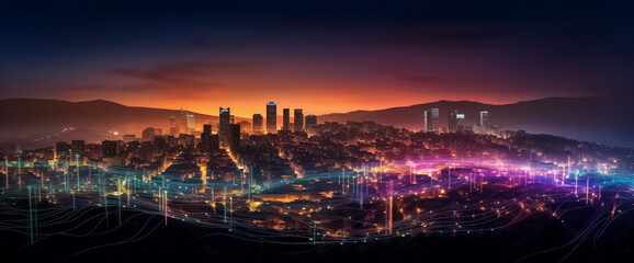 Naklejka premium a digital line network and web effect entwined throughout the scene, this futuristic urban panorama invites you to explore a world where technology and creativity converge. generative AI.