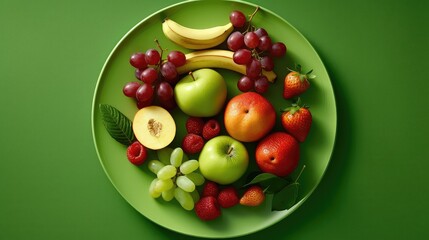 Fototapeta na wymiar Fresh fruits on the plate on the green background