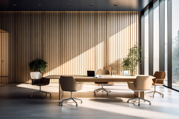 an office with wood desks and glass walls, in the style of high detailed, grey academia, wood, photo-realistic landscapes, vintage minimalism, light silver and light brown
