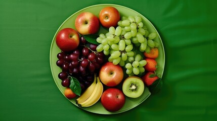 Fototapeta na wymiar Fresh seasonal fruits on the plate on the green background