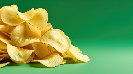 Bunch of Fried Potato chips on green background