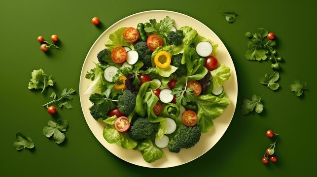 Freshly cut green garden salad with veggies lattus cherry tomatoes jalapeno broccoli capsicum  