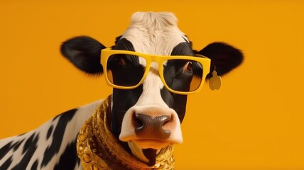 Funny cow with sunglasses in front of yellow studio background. Generative AI