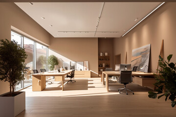 Fototapeta premium an office with wood desks and glass walls, in the style of high detailed, grey academia, wood, photo-realistic landscapes, vintage minimalism, light silver and light brown