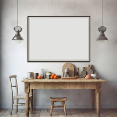 Mock up poster frame in kitchen interior, horizontal blank kitchen wall art frame mockup for wall decor,   vintage kitchen style, wooden counter, contemporary cozy kitchen inside design. generative ai
