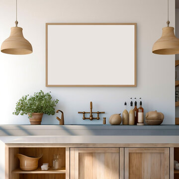 Mock up poster frame in kitchen interior, horizontal blank kitchen wall art frame mockup for wall decor,   farmhouse style, wooden counter, white frame on grey wall, contemporary kitchen.generative ai