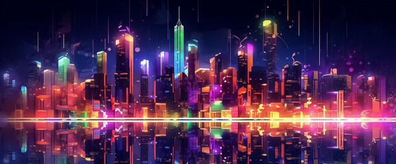 the illusionary night cityscape with vibrant purple and pink tones, featuring a digital line network and web effect. A captivating blend of reality and fantasy. generative AI.