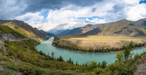 Naklejka na ściany i meble Panoramic view of the Katun river and Altai mountains. Altai Republic, Siberia, Russia.