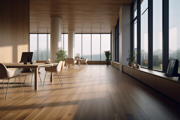 Fototapeta premium an office with wood desks and glass walls, in the style of high detailed, grey academia, wood, photo-realistic landscapes, vintage minimalism, light silver and light brown