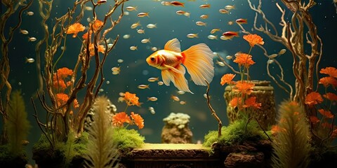 Elaborate Fish Tank with Goldfish -ai generated