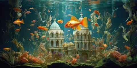 Fototapeta na wymiar Elaborate Fish Tank with Goldfish -ai generated