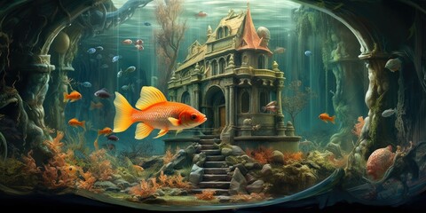 Elaborate Fish Tank with Goldfish -ai generated