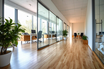 Fototapeta premium an office with wood desks and glass walls, in the style of high detailed, grey academia, wood, photo-realistic landscapes, vintage minimalism, light silver and light brown