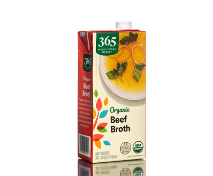 Chicago, USA - June 13, 2023: A carton of 365 WholeFoods Market organic beef broth.