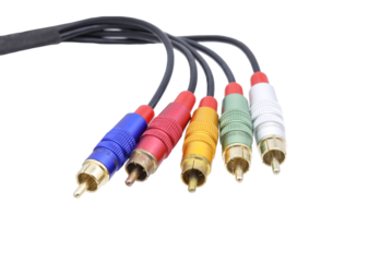 Multicolored AV cable connectors on transparent background.